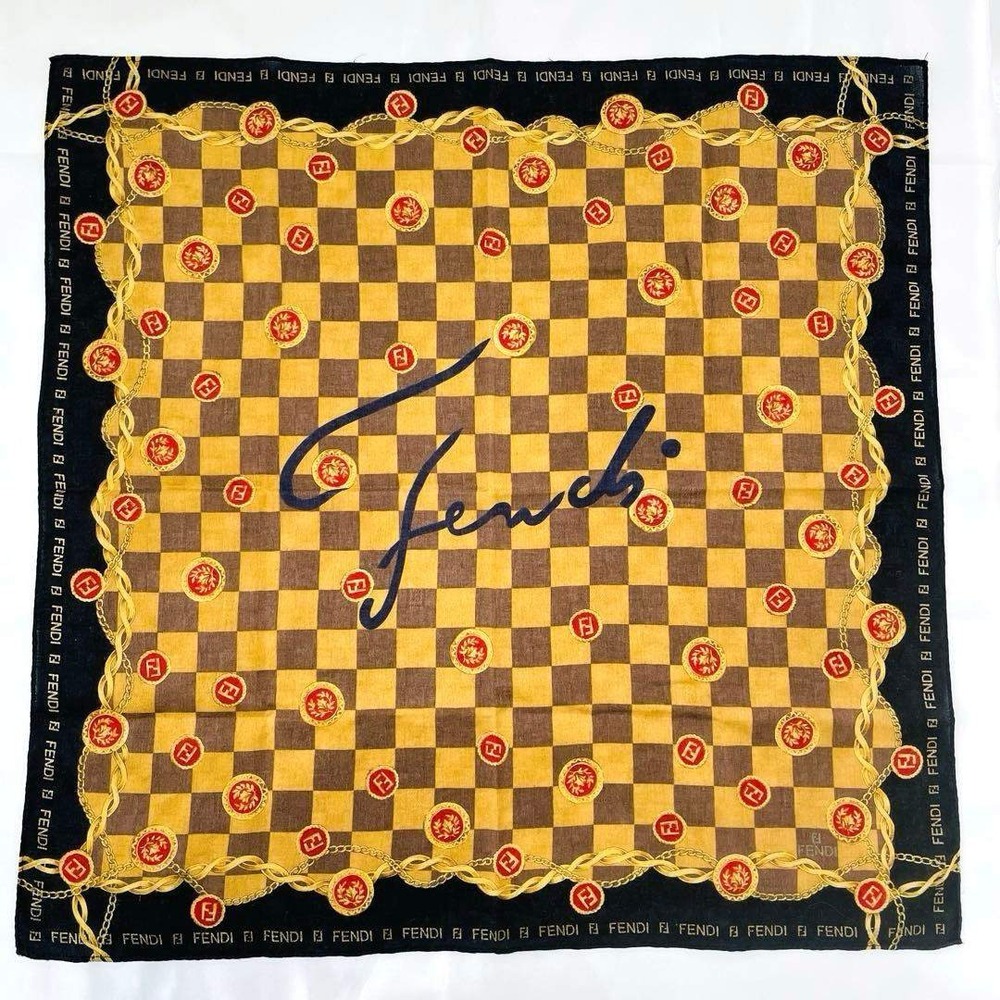 Fendi Vintage Silk Cotton Scarf Handkerchief Gold‎ Chain Checkerboard Logo Brown